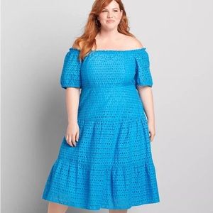 Lane Bryant French Blue Eyelet off the shoulder tiered dress, size 22